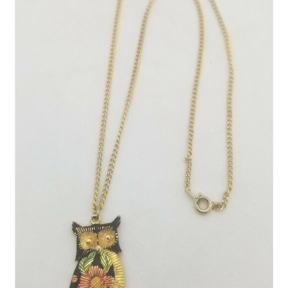 Owl Damascene Style Pendant Etched Embossed Gold Tone Chain Necklace Halloween - Picture 3 of 6